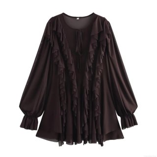 Women's Elegant Mesh Polyester Mini Dress Ruffle Tiered Layered Long Flare Sleeve Tie Neck Coffee Maroon Party Socialite Style Short Dress For Ladies