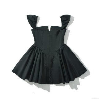 Women French Vintage Ruffle Strap Button Down Mini Dress Elegant Solid Black Sleeveless Pleated A-Line Party Sundress For Dating Night Out