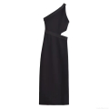 Women's One Shoulder Cut Out Midi Dress Sexy Black Sleeveless Bodycon Polyester Dress For Party Night Out Elegant Slim Fit Cocktail Evening Gown