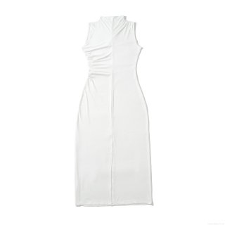 Women Mock Neck Sleeveless Ruched Maxi Dress Elegant Bodycon Side Slit Party Evening Solid Color Slim Fit Polyester Long Dress White