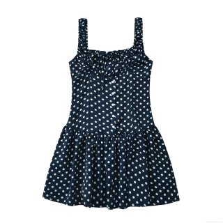 Women's Navy Blue Polka Dot Spaghetti Strap Mini Dress Elegant Smocked Waist Sleeveless Polyester Summer Beach Party Short A-Line Sundress