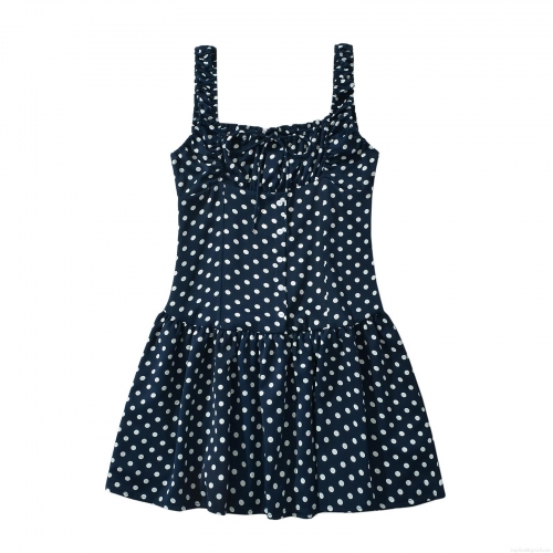 Women's Navy Blue Polka Dot Spaghetti Strap Mini Dress Elegant Smocked Waist Sleeveless Polyester Summer Beach Party Short A-Line Sundress