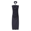 Elegant Halter Ruched Maxi Dress Sexy Slim Fit Sleeveless Solid Color Evening Party Gown For Women Wedding Banquet Celebrity Style