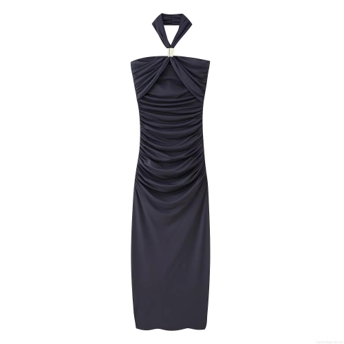 Elegant Halter Ruched Maxi Dress Sexy Slim Fit Sleeveless Solid Color Evening Party Gown For Women Wedding Banquet Celebrity Style