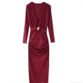 Elegant V-Neck Ruched Long Sleeve Midi Dress With Gold Metal Buckle Wine Red Polyester Bodycon Evening Party Dress For Women