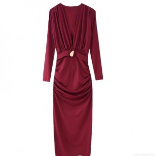 Elegant V-Neck Ruched Long Sleeve Midi Dress With Gold Metal Buckle Wine Red Polyester Bodycon Evening Party Dress For Women