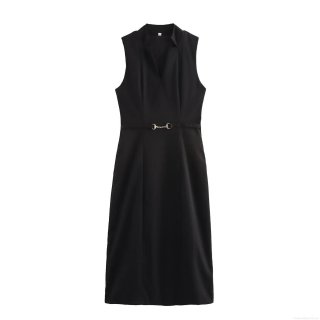 Elegant Sleeveless V-Neck Midi Dress Polyester Blend Metal Horsebit Buckle Waist Decoration Slim Fit For Party Evening Banquet Date Commute Fashionable Lady Style Women's Clothing