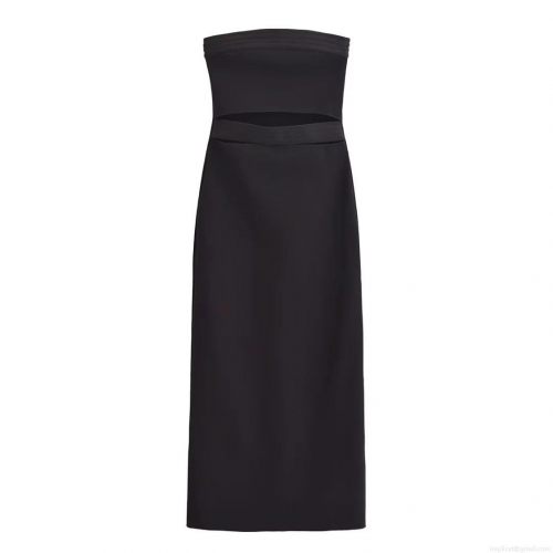 Women's Sexy Backless Bandeau Midi Dress Elegant Solid Color Slim Fit Hollow Out Strapless Evening Party Bodycon Summer Dress