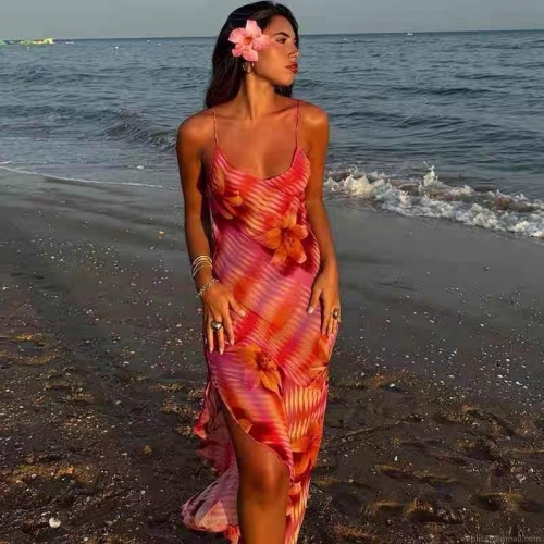 Women's Sexy Backless Maxi Dress Floral Print Spaghetti Strap Side Slit Slim Fit Polyester Chiffon Beach Vacation Long Dress