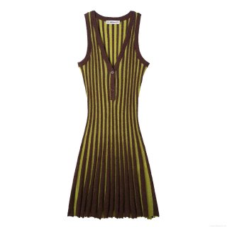 Women's Elegant Vertical Striped Sleeveless Knit Midi Dress V Neck Button Front Slim Fit Bodycon Ribbed Knit Retro Cocktail Party Dress