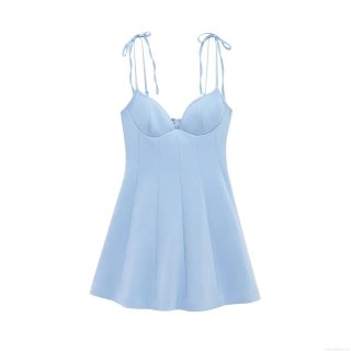 Women's Light Blue Bow Tie Shoulder Strap Mini Dress Sexy V Neck Structured Cup A-Line Party Dress Summer Vacation Sleeveless Back Zipper Short Dress