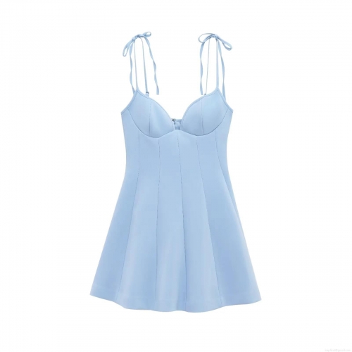 Women's Light Blue Bow Tie Shoulder Strap Mini Dress Sexy V Neck Structured Cup A-Line Party Dress Summer Vacation Sleeveless Back Zipper Short Dress