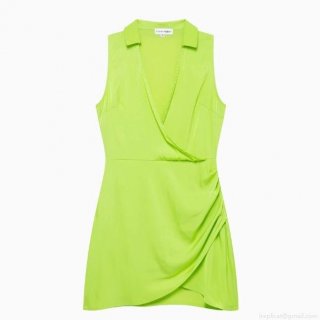 Women's Sleeveless V-Neck Ruched Bodycon Mini Dress Elegant Lapel Collar Slim Fit Lime Green Polyester Wrap Dress for Party Clubwear