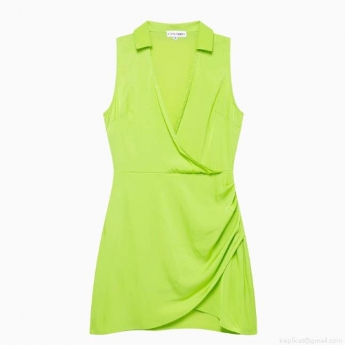 Women's Sleeveless V-Neck Ruched Bodycon Mini Dress Elegant Lapel Collar Slim Fit Lime Green Polyester Wrap Dress for Party Clubwear