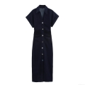 Women's Midi Dress 85% Cotton Denim Short Sleeve Shirt Collar Pleated Button Up Elegant Deep Blue Casual Summer Dress For Women Ladies