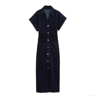 Women's Midi Dress 85% Cotton Denim Short Sleeve Shirt Collar Pleated Button Up Elegant Deep Blue Casual Summer Dress For Women Ladies
