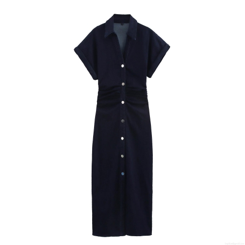 Women's Midi Dress 85% Cotton Denim Short Sleeve Shirt Collar Pleated Button Up Elegant Deep Blue Casual Summer Dress For Women Ladies