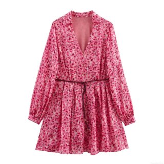 Women's Elegant Floral Print Satin Mini Dress V Neck Long Sleeve Single Breasted Dress With Belt For Party Daily Dating