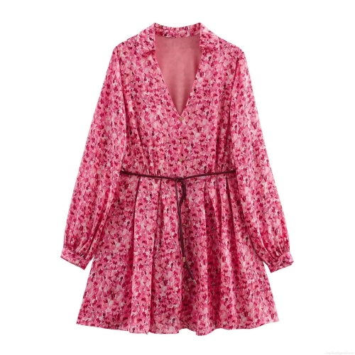 Women's Elegant Floral Print Satin Mini Dress V Neck Long Sleeve Single Breasted Dress With Belt For Party Daily Dating