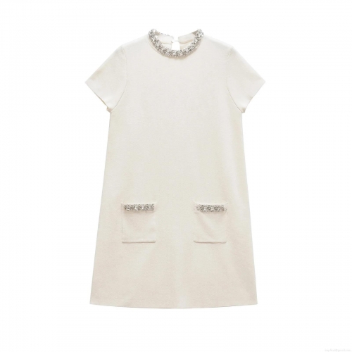 Women's Elegant Mercerized Cotton Short Sleeve Dress Heavy Rhinestone Beaded Pocket Detail A-Line Mini Dress For Party Banquet Celebrity Style