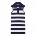 Women Elegant Sleeveless Knit Striped Mini Dress With 1/4 Zipper Lapel POLO Neck Navy Blue White Horizontal Striped Short Bodycon Dress For Casual Daily Wear