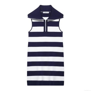 Women Elegant Sleeveless Knit Striped Mini Dress With 1/4 Zipper Lapel POLO Neck Navy Blue White Horizontal Striped Short Bodycon Dress For Casual Daily Wear