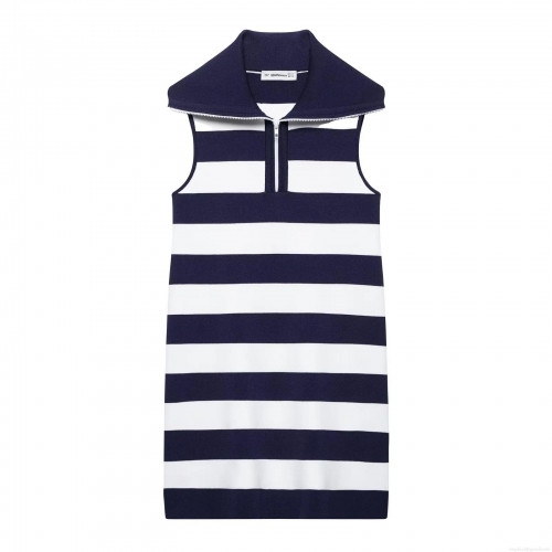 Women Elegant Sleeveless Knit Striped Mini Dress With 1/4 Zipper Lapel POLO Neck Navy Blue White Horizontal Striped Short Bodycon Dress For Casual Daily Wear
