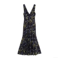 Elegant V-Neck Sleeveless Floral Mesh Maxi Dress Slim Waist Fishtail Hem Women's Summer Beach Party Long Dress Patterned Socialite Style