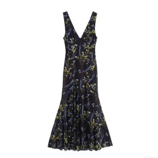 Elegant V-Neck Sleeveless Floral Mesh Maxi Dress Slim Waist Fishtail Hem Women's Summer Beach Party Long Dress Patterned Socialite Style