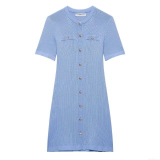 Women's Short Sleeve Knit Dress Elegant Ribbed Texture Front Gold Buttons Slim Fit Round Neck Solid Sky Blue Midi Dress For Party Daily Wear