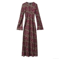 Elegant Women's Retro Geometric Print Long Sleeve Maxi Dress Burgundy Round Neck Satin Texture Polyester Dress For Cocktail Party Daily Wear