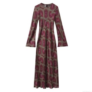 Elegant Women's Retro Geometric Print Long Sleeve Maxi Dress Burgundy Round Neck Satin Texture Polyester Dress For Cocktail Party Daily Wear