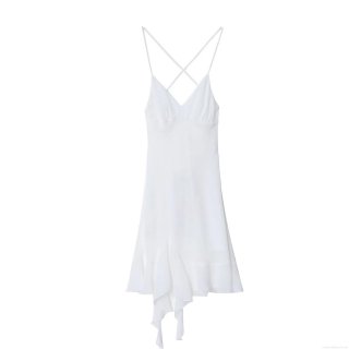 Sexy V-Neck Backless White Sling Mini Dress With Ruffle Hem Cross Back Straps Polyester Chiffon Dress For Women Party Vacation Night Club