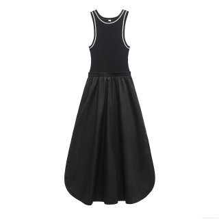 Women Elegant Black Patchwork Maxi Dress Sleeveless V-Neck Contrast Trim Ribbed Mercerized Cotton Blend Slim Fit Long A-Line Party Dress Summer Chic Evening Gown