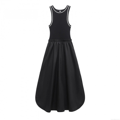 Women Elegant Black Patchwork Maxi Dress Sleeveless V-Neck Contrast Trim Ribbed Mercerized Cotton Blend Slim Fit Long A-Line Party Dress Summer Chic Evening Gown