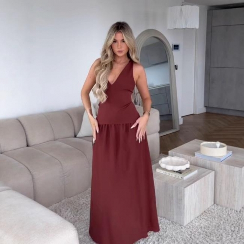 Women Elegant Wine Red V Neck Maxi Dress Backless Criss Cross Straps Sleeveless Polyester Solid Color Long Party Evening Gown Fashion