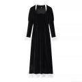 Women's Elegant Vintage Black Velvet Lace Stitching Maxi Dress Long Sleeve U-Neck Gothic Court Style Evening Party Long Gown