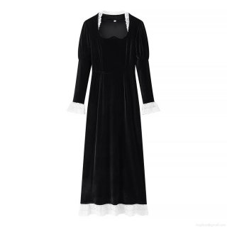 Women's Elegant Vintage Black Velvet Lace Stitching Maxi Dress Long Sleeve U-Neck Gothic Court Style Evening Party Long Gown