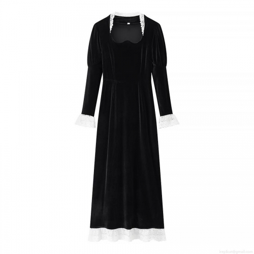 Women's Elegant Vintage Black Velvet Lace Stitching Maxi Dress Long Sleeve U-Neck Gothic Court Style Evening Party Long Gown