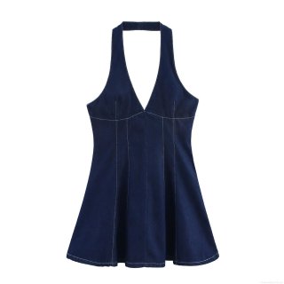 Women's Sexy Halter Denim Mini Dress Deep V Neck Back Zipper Slim Fit Cotton Blend Denim Sleeveless Short Dress With Contrast Stitching Elegant Socialite Style Summer Party Outfits