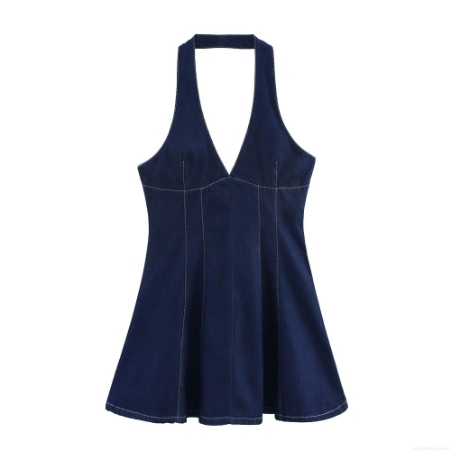 Women's Sexy Halter Denim Mini Dress Deep V Neck Back Zipper Slim Fit Cotton Blend Denim Sleeveless Short Dress With Contrast Stitching Elegant Socialite Style Summer Party Outfits