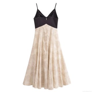 Elegant V-Neck Cami Dress Patchwork Black and Cream Floral Jacquard Maxi Dress Sleeveless Twist Knot Evening Party Dress for Women