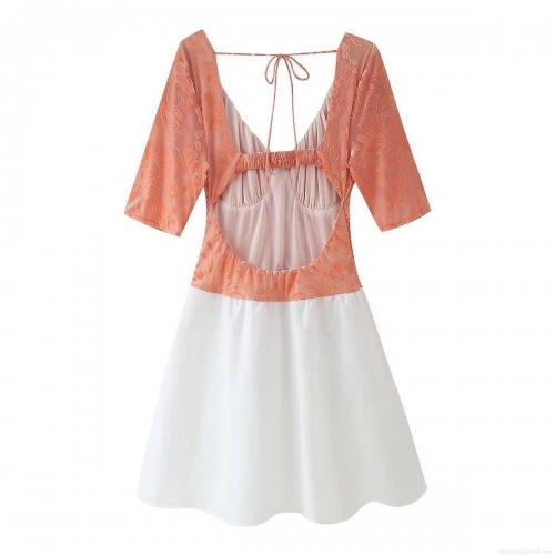 Elegant Women's Burnout Velvet Patchwork Backless Mini Dress V-Neck Ruffled Half Sleeve Lace-up Cocktail Party Vacation Coral White Dress