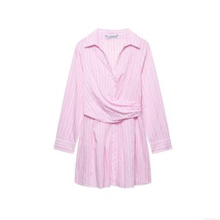 Women's Pink White Vertical Striped Shirt Dress Elegant V-Neck Long Sleeve Pleated Waist Mini Dress Slim Fit Button Down Polyester Dress for Spring Fall Office Party