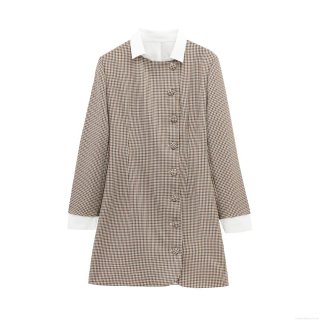 Women's Elegant Plaid Mini Dress Long Sleeve Contrast White Collar Button Down Houndstooth Fake Two-Piece Short Dress For Office Casual Party Fashion