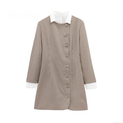 Women's Elegant Plaid Mini Dress Long Sleeve Contrast White Collar Button Down Houndstooth Fake Two-Piece Short Dress For Office Casual Party Fashion