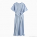 Elegant Satin Maxi Dress Silky Polyester Material Twist Knot Waist Detail Short Sleeve Round Neck Long Gown For Formal Party Wedding Evening Solid Color Socialite Style Women Clothing
