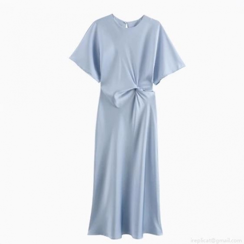 Elegant Satin Maxi Dress Silky Polyester Material Twist Knot Waist Detail Short Sleeve Round Neck Long Gown For Formal Party Wedding Evening Solid Color Socialite Style Women Clothing