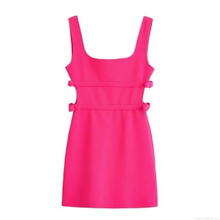 Women Rose Red Sleeveless Mini Dress Square Neck Bodycon Cut-Out Waist With Bow Sexy Elegant Party Night Clubwear Summer Outfits