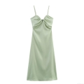 Women Elegant Mint Green Satin Midi Slip Dress With V-Neck Ruched Bust Adjustable Spaghetti Straps Back Zipper Silk Feel Drape A-Line Party Wedding Guest Socialite Evening Dress